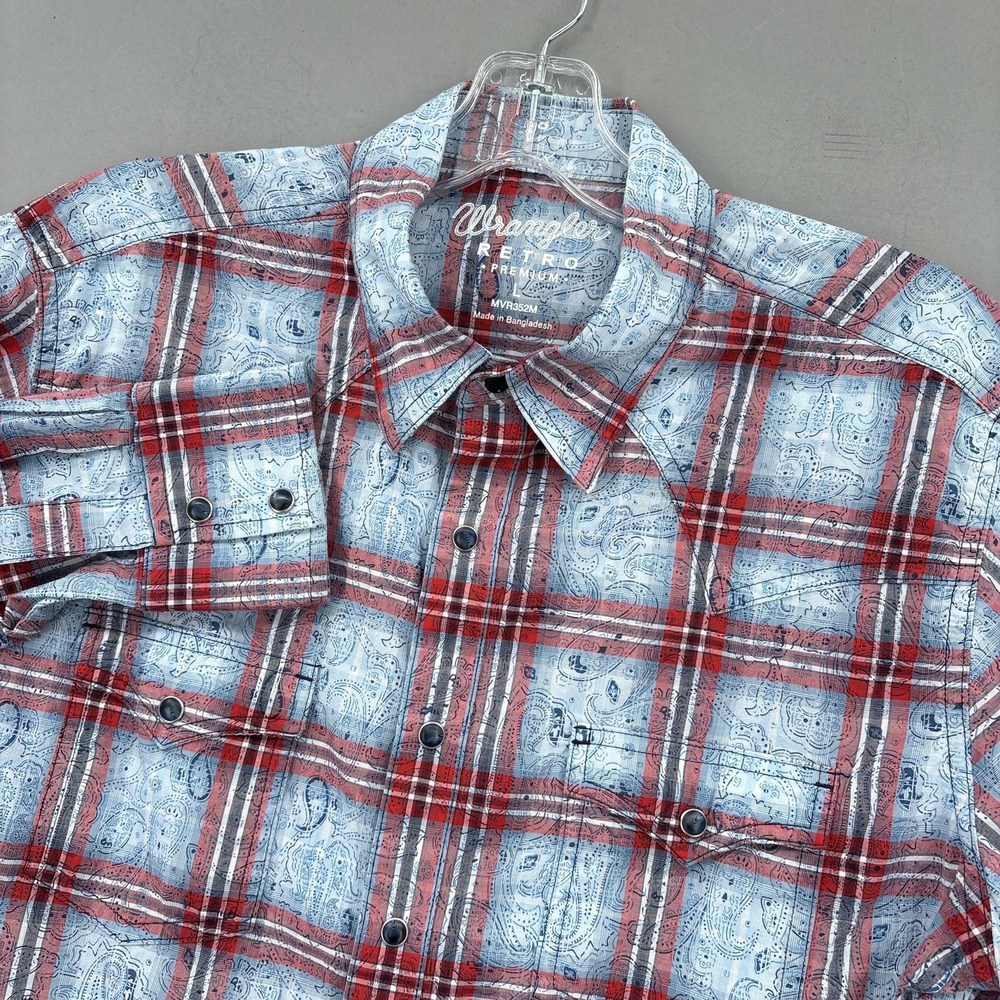 Wrangler Retro Shirt Mens Large Blue Red Plaid Snap Button Western Long Sleeve